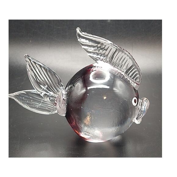 Heavy Hand Blown Glass Fat Fish Burgundy & Clear Paperweight Figurine – Unmarked - Picture 5 of 9